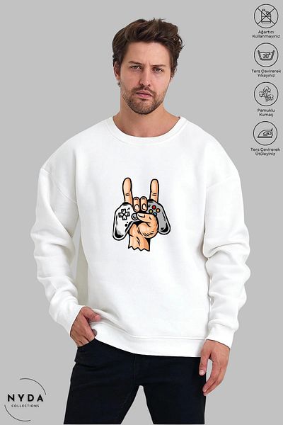 Nyda Collections Unisex μακρυμάνικη κονσόλα παιχνιδιών με στάμπα με λαιμόκοψη χωρίς κουκούλα υπερμεγέθη φούτερ