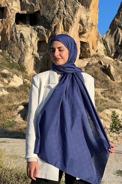 Şalland Σάλι Jacquard Monogram Shawl Navy Blue