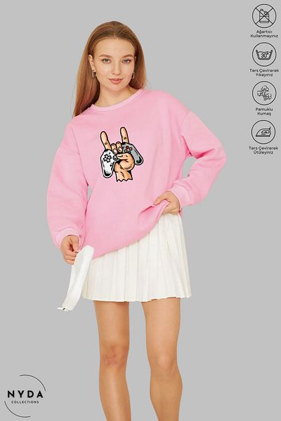 Nyda Collections Unisex μακρυμάνικη κονσόλα παιχνιδιών με στάμπα με λαιμόκοψη χωρίς κουκούλα υπερμεγέθη φούτερ