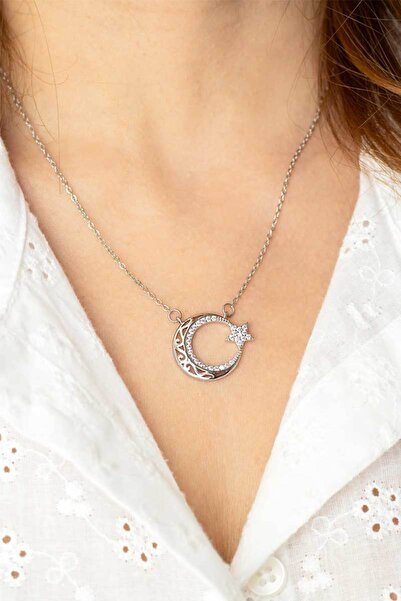 DHARMONYCO قلادة من الفولاذ الفضي على شكل نجمة القمر