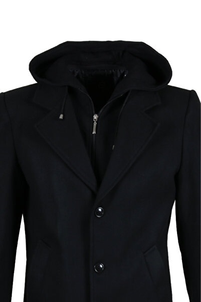 Modarar Erkek Kapşonlu Büyük Beden Siyah Kaşe Kaban RAR01270