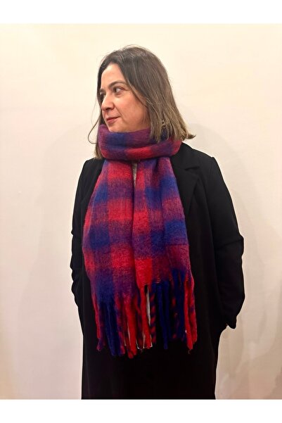 alsaccessories Red-Navy Square Pattern Boucle Puff Shawl - Scarf Length 205X40 cm