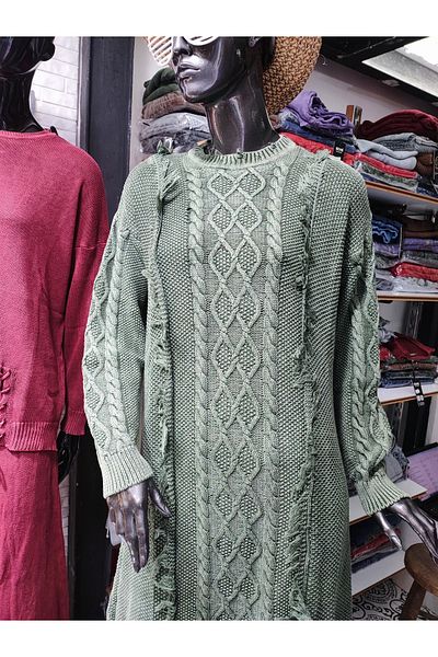 Sosyete Kaplumbağa Authentic 100% Cotton Knitwear Long Sleeve Print Knitted and Tassel Detailed Washable Dress