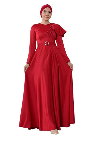 PHELDA Omuz Detaylı Tesettür Abiye Elbise 701-Kırmızı