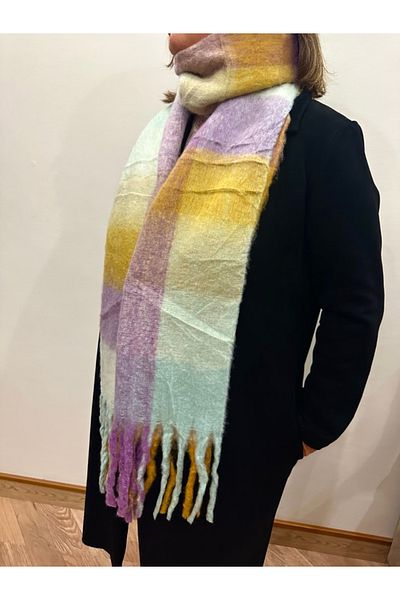 alsaccessories Yellow-Purple Square Pattern Boucle Puff Shawl - Length 205X Width 40 cm