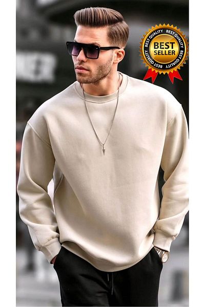 BRLKN Ανδρικό φούτερ με μπεζ λαιμόκοψη Oversize Rose Gold Basic TR4477