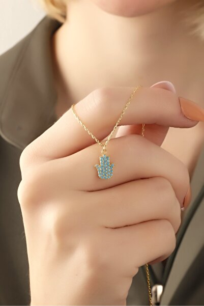 LİNOVE JEWELLERY Firuze Taşlı fatima eli gümüş kolye,925 ayar gümüş üzeri 14k...