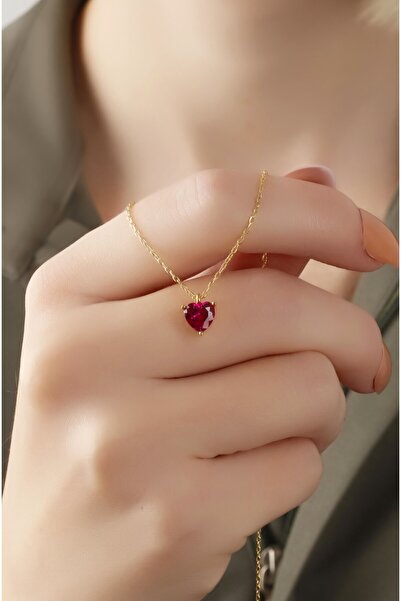LİNOVE JEWELLERY Kalp Kolye 925 Ayar Gümüş Üzeri Altın Kaplama, Gümüş Kırmızı...