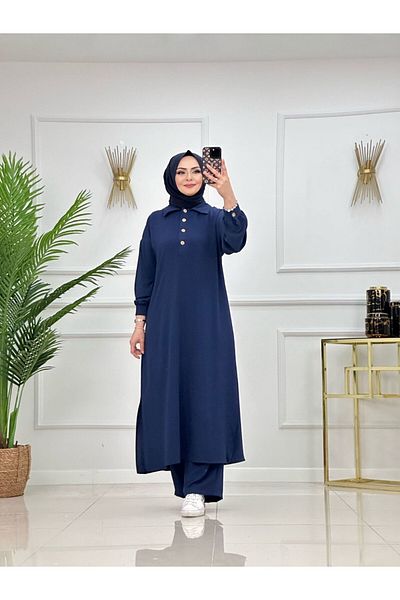 Enans Design 2-Piece Women's Pants Tunic Set, Polo Neck Button Dress