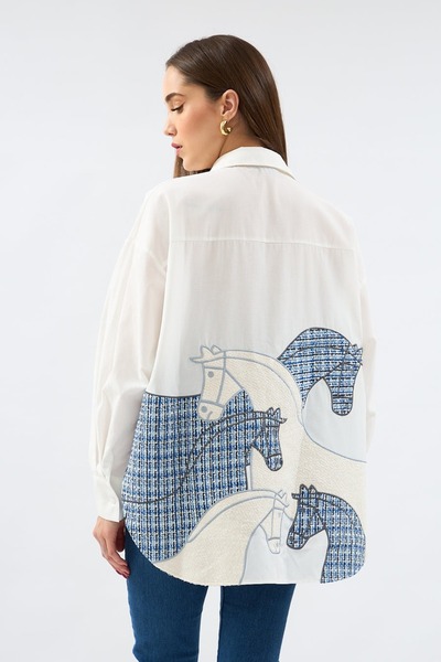 FASHION COCKTAIL Cămașă în carouri din tweed brodat cu cal - petice asimetric, buzunare cu nasturi