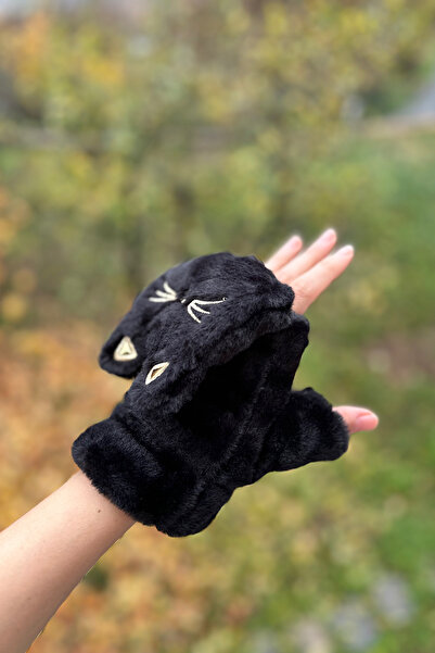 novon Cute Black Cat Design Premium Plush Gloves with Fur Cover Buttons Inside