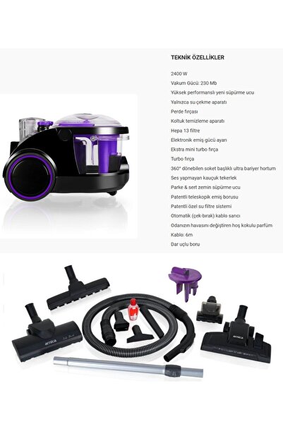 Arnica SU Filtreli Hijyenik Toz Torbasız Elektrikli Süpürge Bora Mor