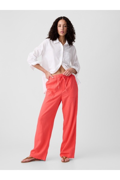 GAP Kadın Kırmızı Keten Karışımlı Wide-Leg Pull-On Pantolon