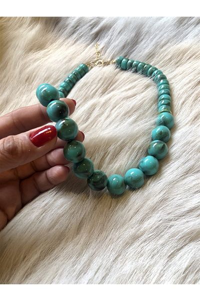 Gözde Tasarım Butik Turquoise Colored Batik Patterned Imported Bead Necklace - Round with Rings