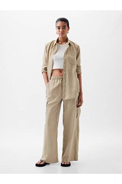 GAP Kadın Bej Keten Karışımlı Pull-On Kargo Pantolon