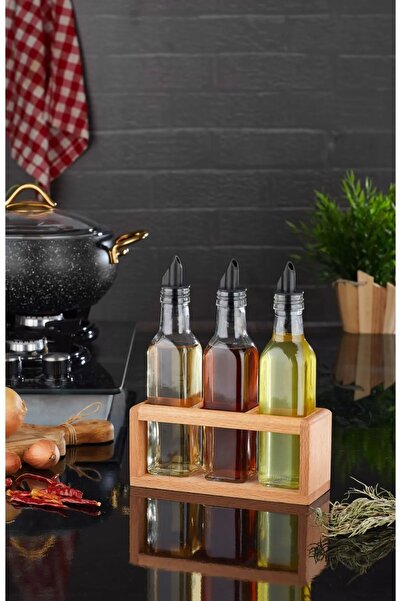 KukiWood 3 Lü Yağlık seti, Ahşap Stantlı Yağlık Sirkelik 250 ML