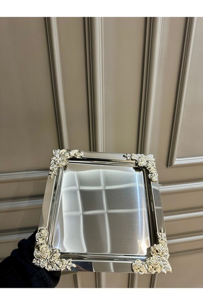 Genel Markalar 6 Adet Tek Kişilik Metal Kare Gümüş Güllü Çelik Kahve Sunum Tepsi