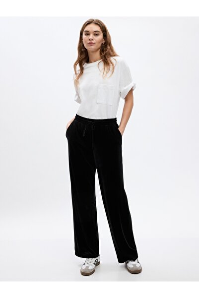 GAP Kadın Siyah Mid Rise Kadife Wide Leg Pantolon