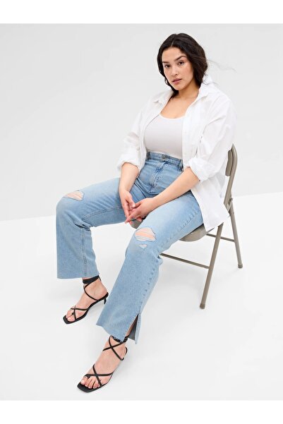 GAP Kadın Açık Mavi Mid Rise Destructed 90s Loose Washwell™ Jean Pantolon