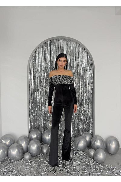 conconmoda Salopetă de catifea cu paiete de design