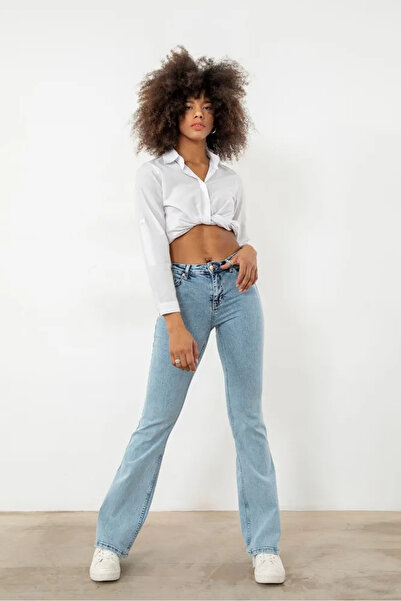 Pubi WOOPS İspanyol Yüksek Bel Solmaz Mavi kar Yıkama Kot Pantolon Toparlayıcı Flara Jean