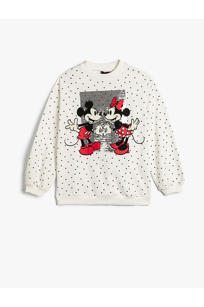 Koton Minnie Mouse Sweatshirt Licensed Sequined Sequined Long Sleeve Crew Neck Ribbed