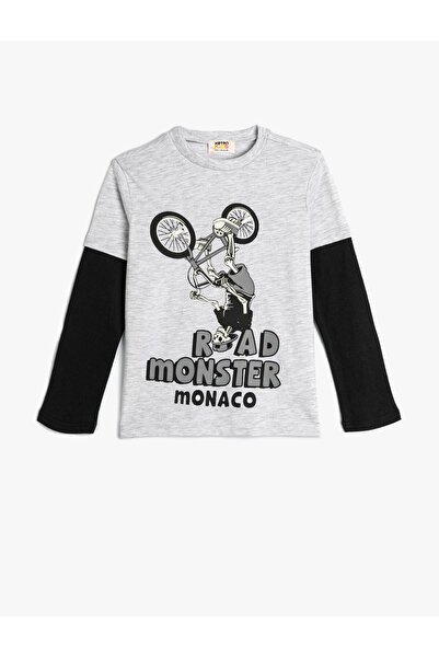 Koton Tişört Uzun Kollu Bisiklet Yaka Slogan Baskılı Bisiklet Detaylı Renk Bl...