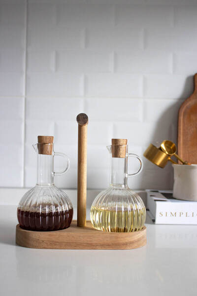 Zülba Home طقم أوعية زيت زجاج أكاسيا مكون من قطعتين
