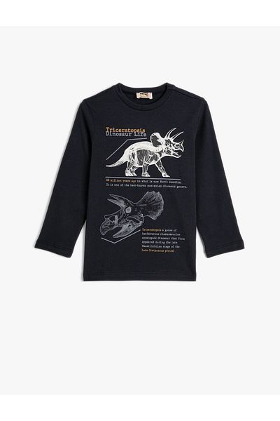 Koton Tricou din bumbac cu mânecă lungă cu dinozaur - Decolteu