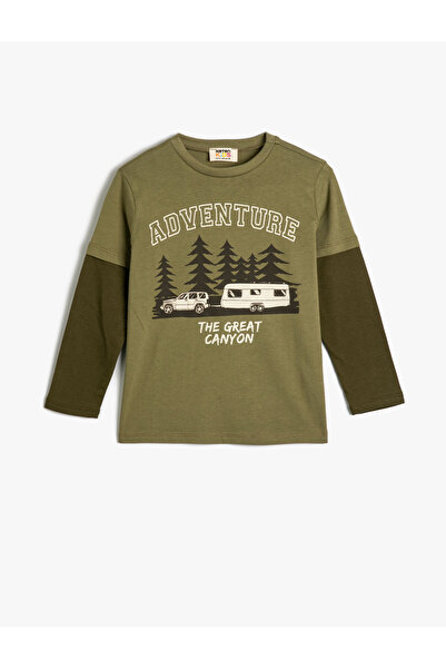 Koton Μπλουζάκι μακρυμάνικο με θέμα Camping, βαμβακερή λαιμόκοψη