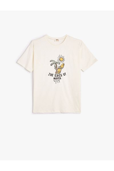 Koton T-Shirt Short Sleeve Crew Neck Summer Themed Print Detailed Cotton