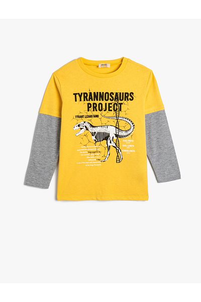 Koton T-Shirt Long Sleeve Crew Neck Dinosaur Themed Cotton