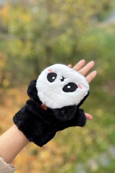 novon Mănuși de pluș cu blană de panda drăguță, fără degete, care se pot deschide și închide