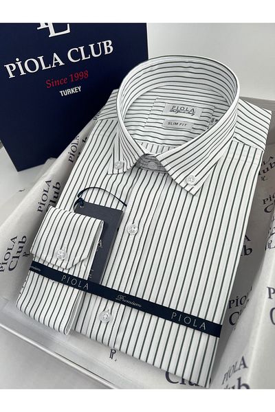 Piola Club Ανδρικό γιακά πουκάμισο Khaki Slim Fit με ριγέ σχέδιο με κουμπιά