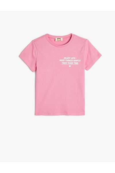 Koton Cotton Short Sleeve T-Shirt - Crew Neck, Slogan Printed