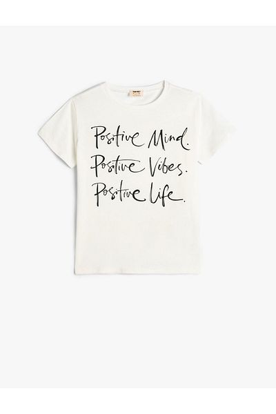 Koton Μπλουζάκι με κοντό μανίκι Crew Neck Slogan εμπριμέ βαμβακερό