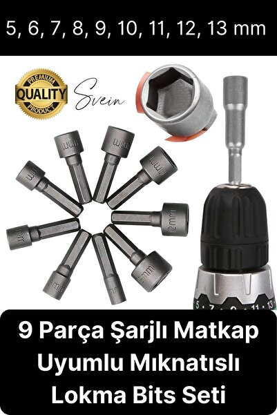 Svein Premium 9 Parça Dayanıklı Somun Sökücü Sıkma Bits Lokma Seti Adaptör Matkap Ucu Altıgen Vidalama