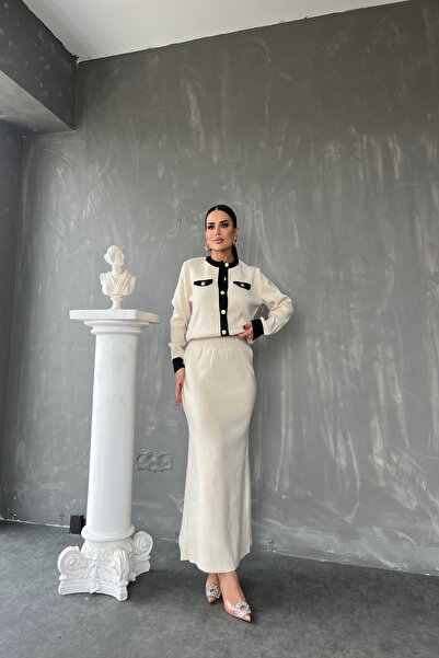 LİLA İSTANBUL guler rotund Set de tricotaje cu nasturi în față (Mărime standa...