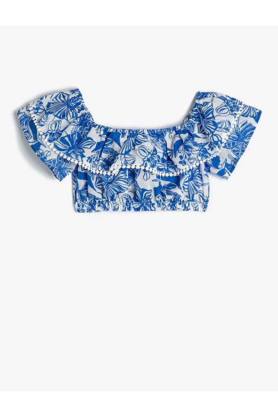 Koton Kurze Bluse, ärmellos, offene Schultern, Rüschen, Blumenmuster, Baumwolle