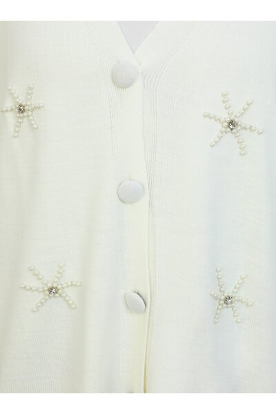 ALİA Bead Detailed Large Size Knitwear Cardigan - Bone - Alia