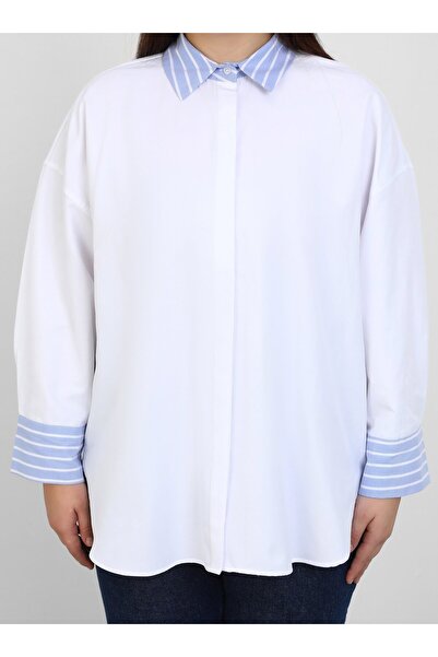 ALİA Pamuklu Büyük Beden Yakası ve Kol Ucu Çizgi Detaylı Gömlek - Beyaz -