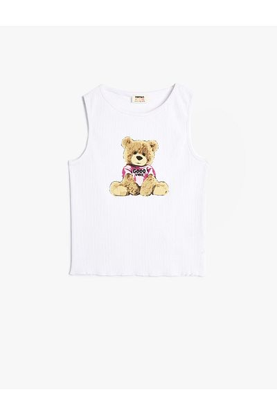 Koton Ärmelloses Baumwoll-Unterhemd mit Teddybär-Print und Rundhalsausschnitt