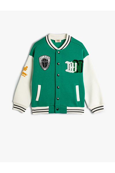 Koton Round Neck Pocketed Bomber College Jacket - Applique Detailed