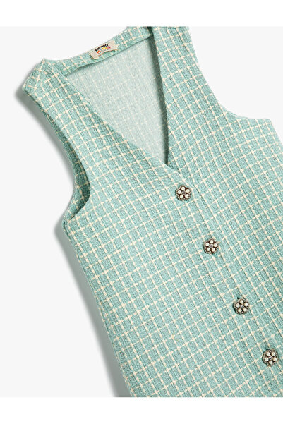 Koton Tweed Gilet Dress Ruffled Thick Straps Button Detailed