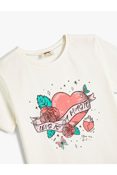 Koton Short Sleeve T-Shirt Heart Glitter Crew Neck Cotton