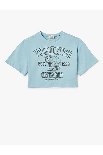 Koton Tricou crop din bumbac cu gât crew - Imprimat și mânecă scurtă