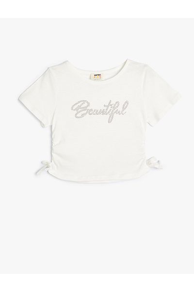 Koton Crop T-Shirt Paillettendetail gerafft Kurzarm Baumwolle
