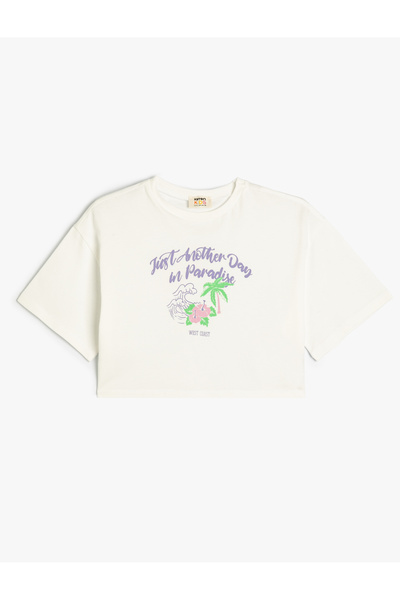 Koton Укорочена тениска с лятна тематика Памук с щампи с лозунг и къс ръкав