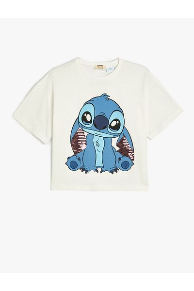 Koton Koszulka z krótkim rękawem i licencjonowaną bawełną Stitch — okrągły dekolt