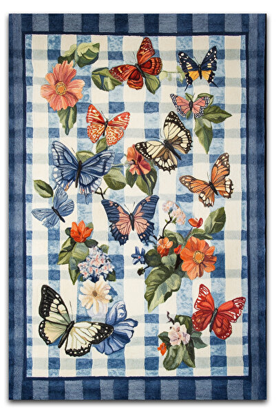 kilim home Mars 216 Mavi Beyaz Dama Kelebekli Modern Dokuma Taban Dekoratif Halı